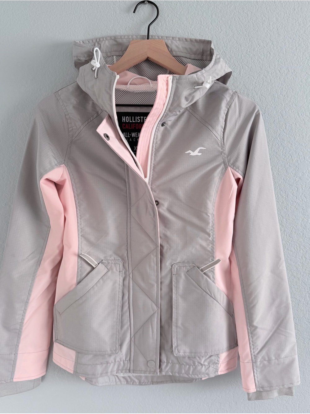 New Hollister Junior Gray & Pink Hooded All-Weather Jacket Size XS